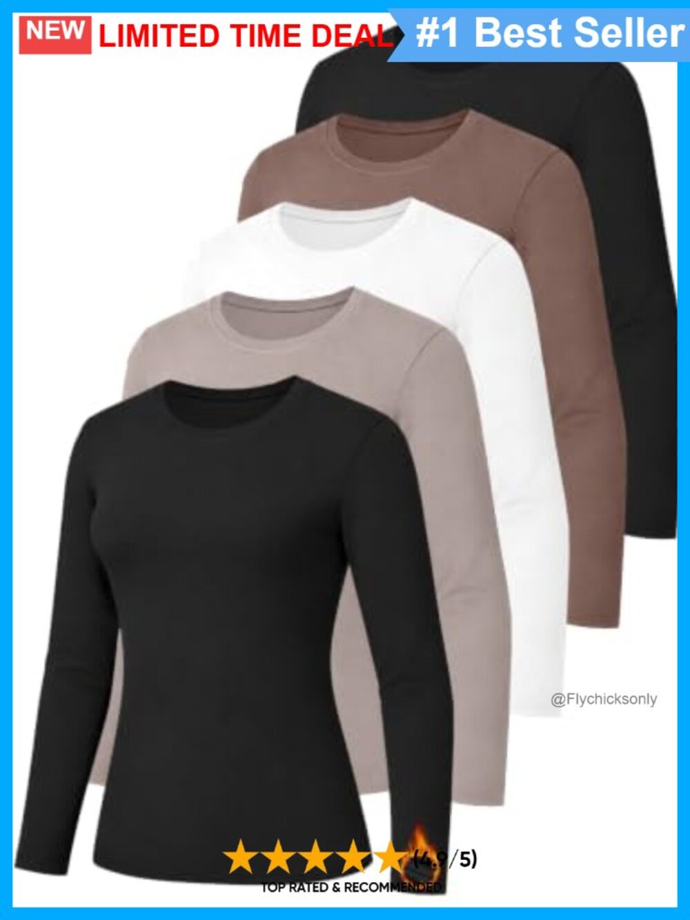 Women's Thermal Fleece Lined Long Sleeve Crew Neck Base Layer Tops 5 Pack